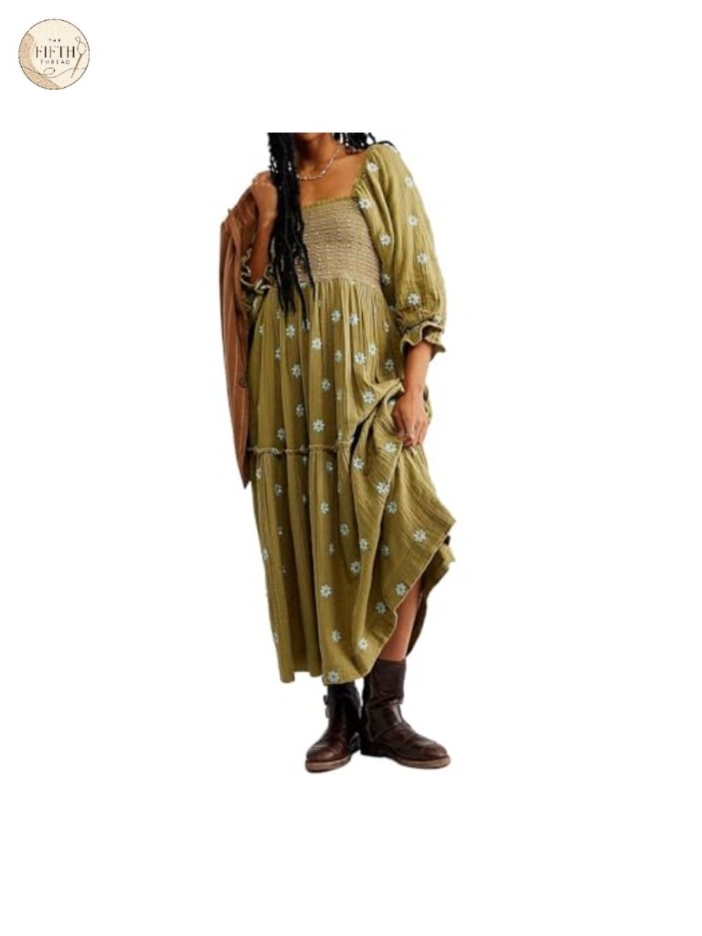 Floral Embroidered Maxi Dress Puff Sleeve Square Neck Boho Flowy with Pockets